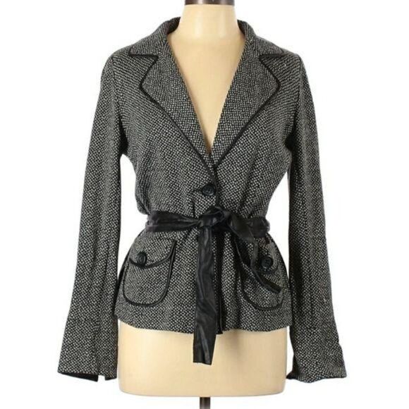 Gerard Darel Wool Faux Leather Trim Belted Button Single Breasted Blazer Sz 42 - Picture 2 of 12